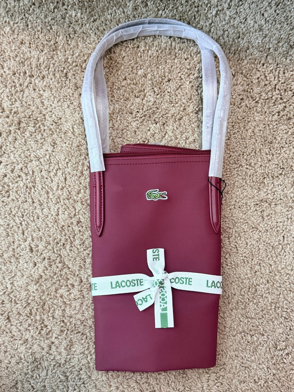Lacoste Burgundy Slim Shoulder Tote with Logo Accent